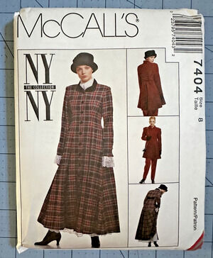 UNCUT McCALL'S #7404 SIZE 8 LINED DRESS & COAT, SKIRT PANTS & SCARF PATTERN